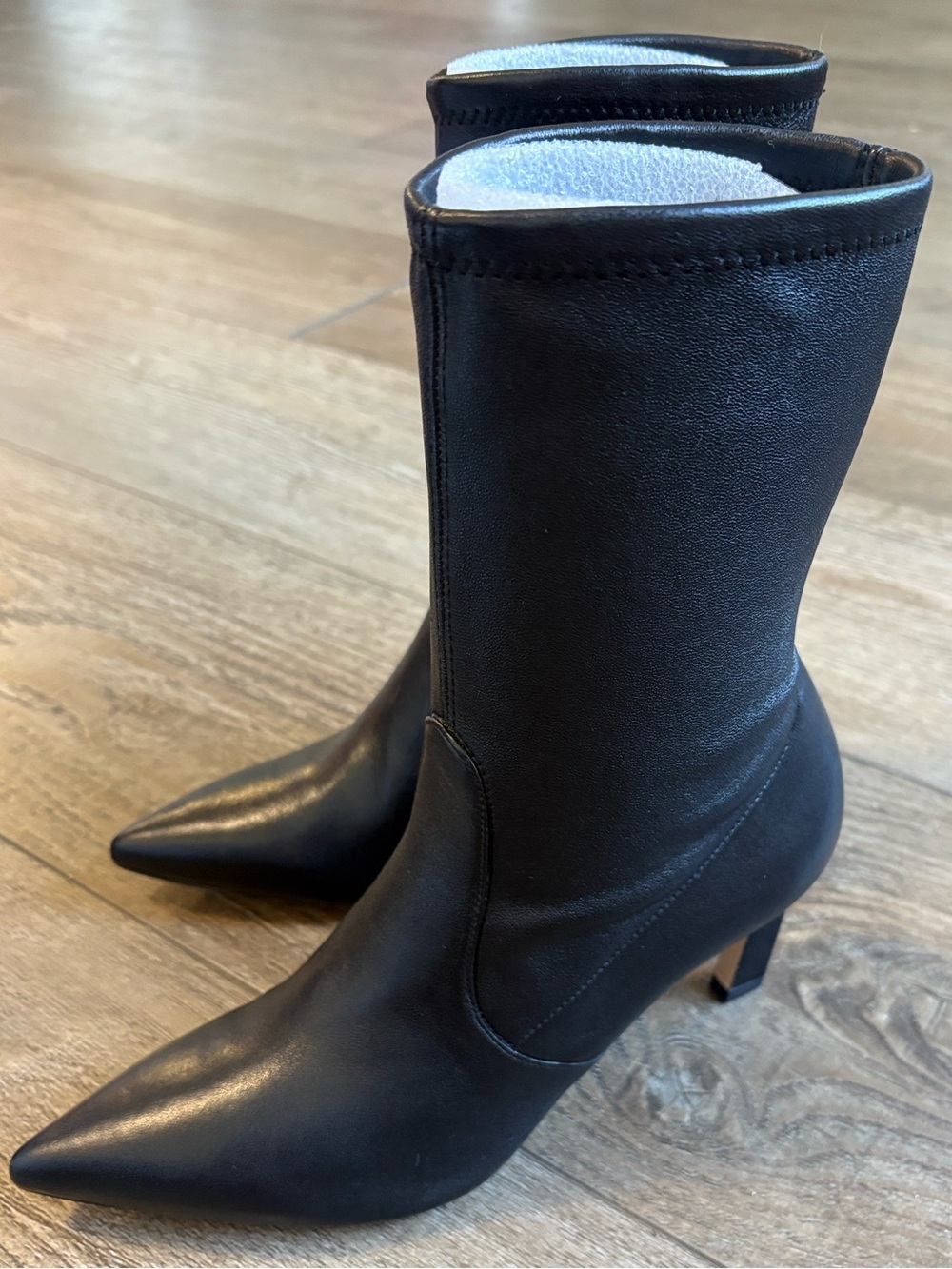Stuart Weitzman Cling Black Leather Pointed-Toe Heeled Mid-calf Sock Boots US 7